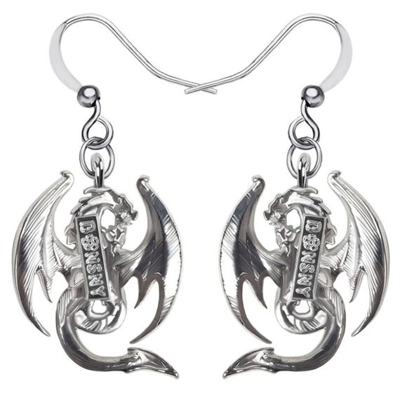 Silver and Multicolor Enamel Mythical Dragon Dangling French Wire Hook Earrings - Picture 5 of 5